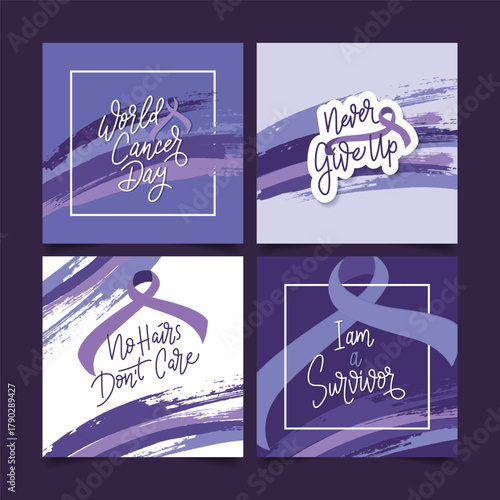 Set of four cancer awareness cards featuring ribbons and motivational messages vector illustration for social media posts and campaigns