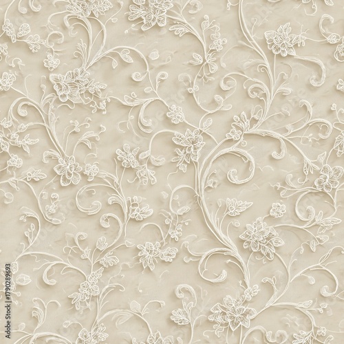A delicate floral pattern on a textured background, featuring intricate vines and blossoms in soft, muted tones.