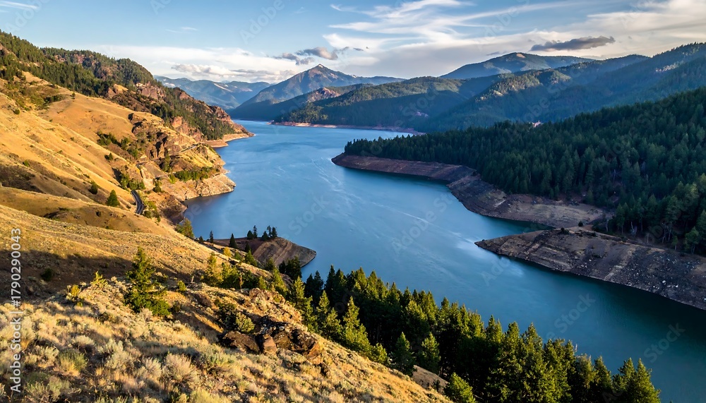Naklejka premium Calm blue lake surrounded by mountains with dry grass in foreground under a cloudy blue sky