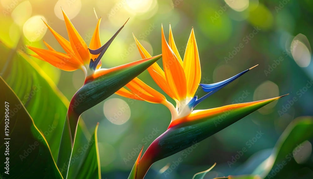 Obraz premium Two vibrant, exotic blooms in a lush setting. Bright orange and blue petals contrast the green foliage, with bokeh background. Golden sunlight enhances the scene