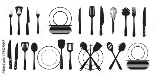 ollection of black kitchen utensil and plate silhouettes