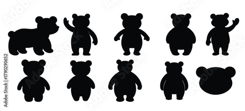 Collection of black silhouettes of toy bears in various poses isolated on a white background. Cute baby plush bears. Concept of kids toys, childhood, minimalist. Print, icon, design element. Clip art