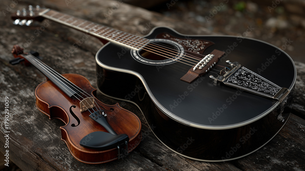 Obraz premium A black guitar put on the ground with violin , musical.
