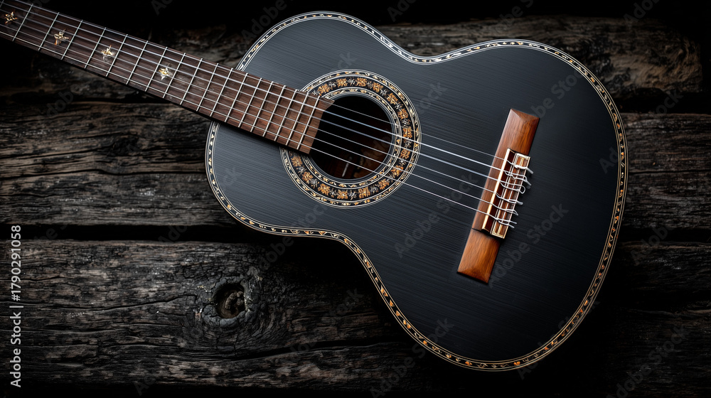 Fototapeta premium Beautiful of classic guitar black color put on the black wwoden ground.