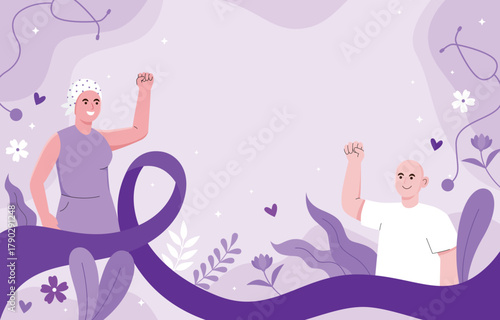 Illustration of cancer survivors celebrating a purple ribbon symbolizing awareness vector design for healthcare and support campaigns