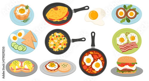 A vibrant vector collection showcasing a delicious variety of popular egg-based breakfast dishes, including omelettes, scrambled eggs, Eggs Benedict, and fried eggs