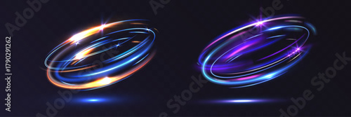 Glowing energy vortex light rings in blue, orange, and purple colors, dynamic swirling motion with sparkles and shine, futuristic abstract design on dark background.
