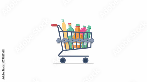 Grocery shopping cart with beverages and drinks supermarket aisle digital illustration bright environment side view consumerism theme