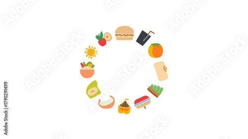 Colorful food icons representing healthy eating digital art minimalist design white background creative concept