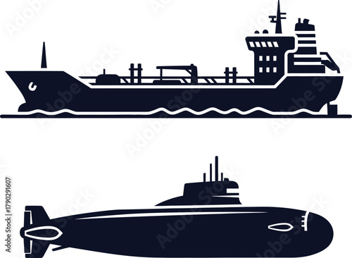 Tanker Ship and Submarine Silhouettes on White Background vessel boat
