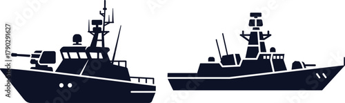 Two Silhouette Warships with Cannons and Antennas on White Background navy military