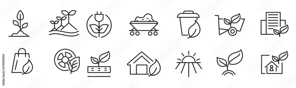 Fototapeta premium Ecology Environmental line icon set. Sustainable development, sustainability, net zero, climate crisis, recycle, electric, global, warming, pollution.