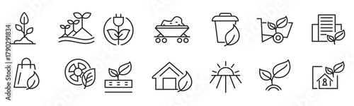Ecology Environmental line icon set. Sustainable development, sustainability, net zero, climate crisis, recycle, electric, global, warming, pollution.