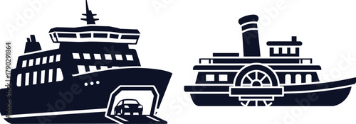 Car ferry and paddle steamer vector illustration on white background Keywords: car ferry, paddle steamer, ferry, boat, ship, vessel