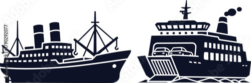 Cargo ship and car ferry vector illustration on white background Keywords: cargo ship, car ferry, ship, boat, vessel, maritime, sea