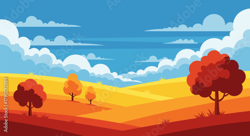 Vibrant Autumn Landscape A Beautiful Scene of Rolling Hills, Colorful Trees, and a Clear Blue Sky