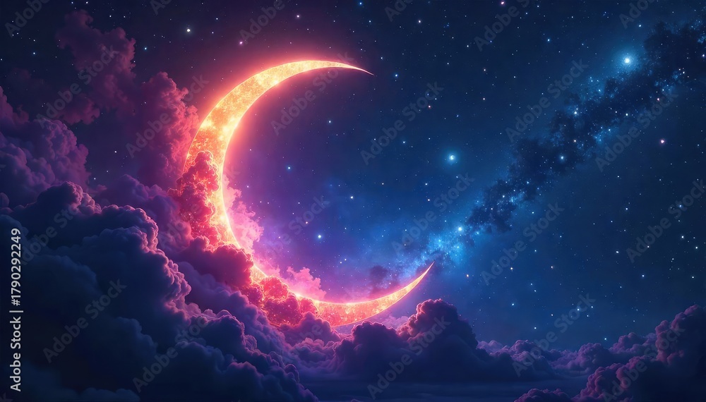 Fototapeta premium A celestial scene depicting a swirling nebula, shaped like a crescent moon, representing the cosmic cycle of a month within a vast universe , stars, stardust