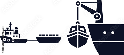 Cargo Ship Loading Container Barge With Crane On White Background vector illustration