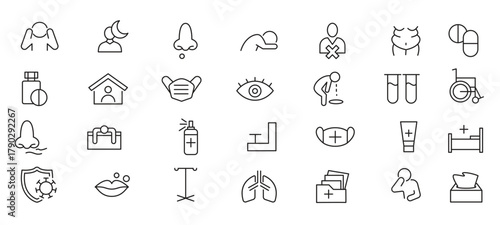 Flu and illnesses line icon set. COVID, cough, fever, lung CT scan, headache, pneumonia, ncov-2019, lungs, kidney, brain, bones line icon set. UI thin line icon pack.