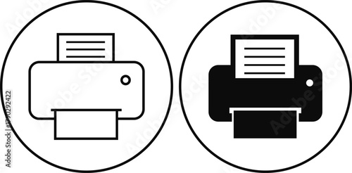 Printer icon set, print device vector collection, modern flat and line outline printer symbols for office, technology, documents, and paper printing, black and white circle button icons pack