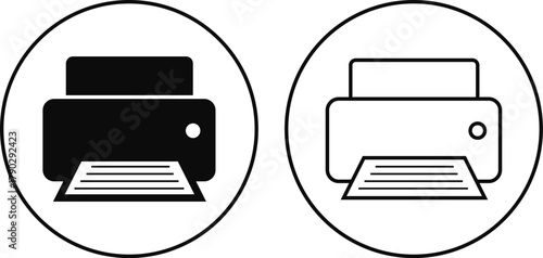 Printer icon set, print device vector collection, modern flat and line outline printer symbols for office, technology, documents, and paper printing, black and white circle button icons pack