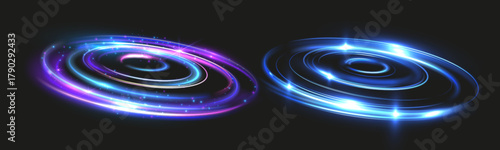 Glowing tornado vortex light circles in blue and purple colors, swirling energy rings with sparkles and shine, futuristic abstract motion design on dark background.
