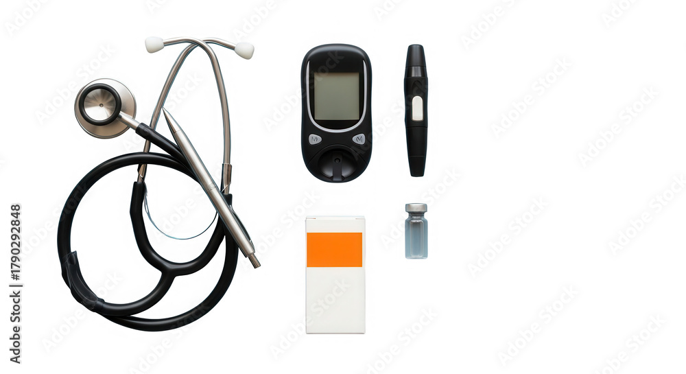 Fototapeta premium Medical instruments and diabetes supplies isolated on transparent background