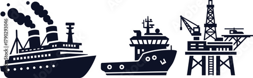 Cargo Ship Steamship and Oil Rig Icons on White Background offshore