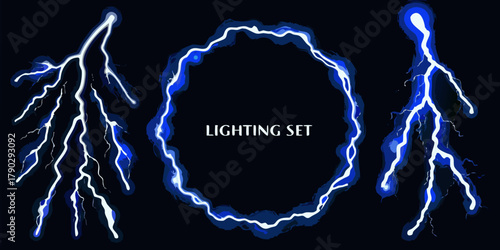 Collection of blue lightning bolts and a circular lightning frame on a black background