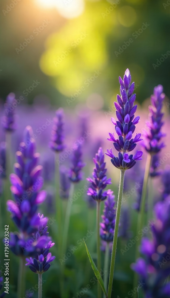 Obraz premium A field of vibrant purple lavender flowers swaying gently in the summer breeze, bathed in soft sunlight The image captures the essence of tranquility and natural beauty , flora, sunlight, plant