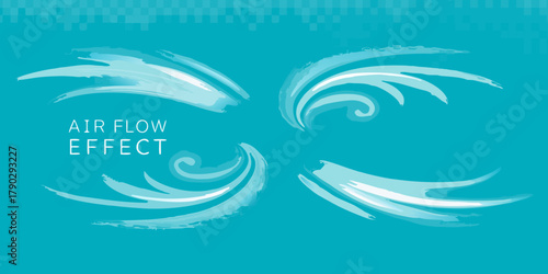 Abstract artistic representations of air flow effects with white brush strokes on a teal background