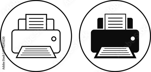 Printer icon set, print device vector collection, modern flat and line outline printer symbols for office, technology, documents, and paper printing, black and white circle button icons pack