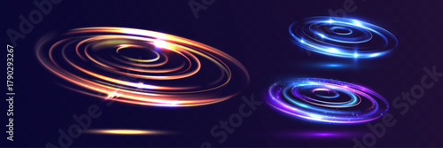 Glowing tornado vortex light rings in gold, blue, and purple colors, swirling energy circles with sparkles and shine, futuristic abstract motion design on dark background.
