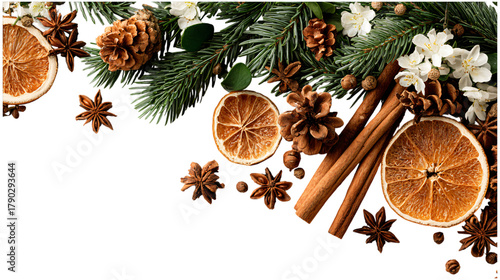 Festive christmas arrangement with dried oranges cinnamon and evergreen branches on transparent background