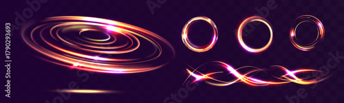 Glowing tornado vortex light rings and wave lines in golden colors, swirling energy circles with sparkles and shine, futuristic abstract design on dark background.
