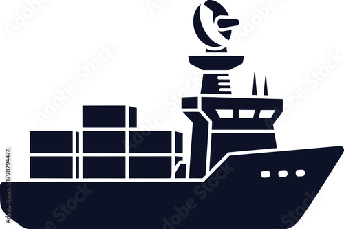 Dark Blue Silhouette of a Cargo Ship with Containers and Satellite Dish on White Background