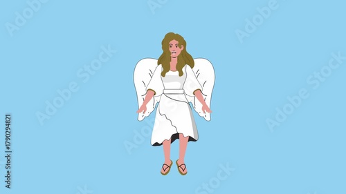 Beautiful Heavenly Woman Angel Hovering Flying in White Gracefully 2D Flat Design Animation