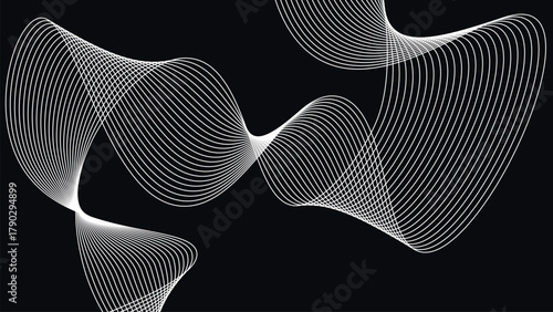 Twisted abstract wave mesh creating elegant rhythmic motion pattern with symmetry and flow on black minimalist geometric design