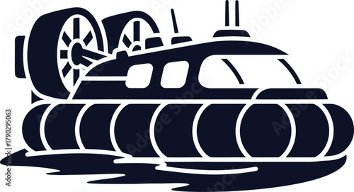 Dark blue silhouette of a hovercraft vehicle on water on white background Keywords: hovercraft, air cushion vehicle, boat, vehicle