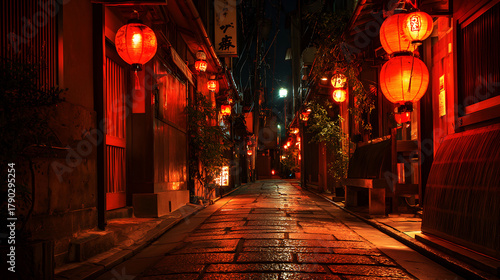  Empty Stone Alleyway in Kyoto at Night with Red Lanterns