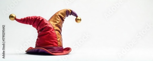 A single jester's cap sits on a stark white background, representing folly and the absurd Perfect for concepts of foolishness, silliness, and impracticality , jester, white, silly