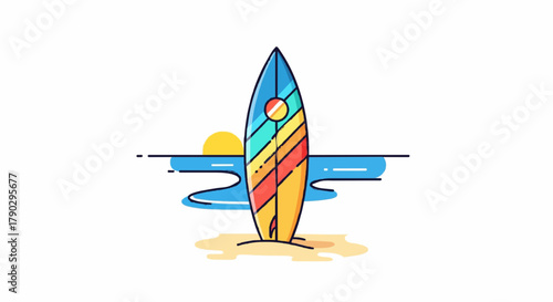 Vector icon of a surfboard standing in the sand near the ocean.