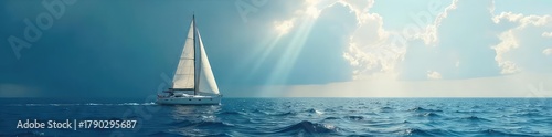 A single sailboat, its white sails billowing, is isolated against a vast, deep blue ocean under a dramatic sky The feeling is one of serene solitude and freedom at sea , white, rigging