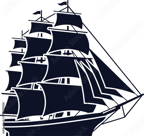 Dark blue silhouette of a historical tall ship with multiple sails on white background Keywords: tall ship, sailing ship, schooner