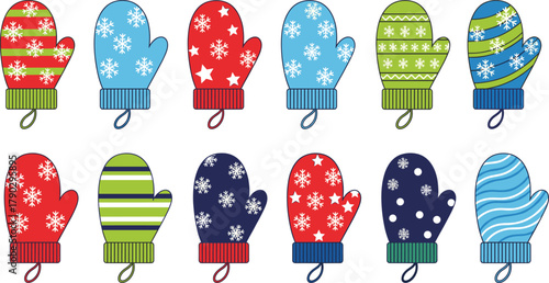 Set of Colorful Christmas and Winter Mittens Flat Icons Vector Illustration