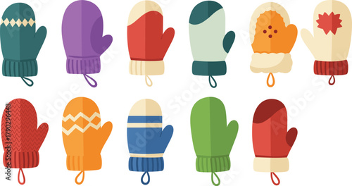 Set of Colorful Winter Mittens and Gloves Flat Icons Vector Illustration