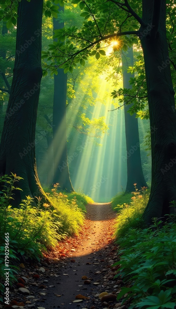 Obraz premium A tranquil, sun-dappled path winds through a dense, ancient forest, sunlight filtering through the leaves The air is still and the scene evokes a sense of peace and solitude , lush, nature