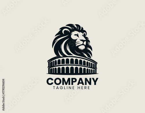 Majestic lion head silhouette vector logo illustration with flowing mane integrated with Roman Colosseum structure