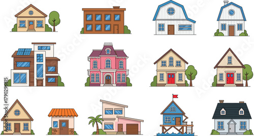 Set of Colorful Flat Design Residential House and Home Icons Vector Illustration