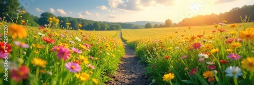 A vibrant, sun-drenched field of wildflowers is skipped over, leaving a path untouched; nature's beauty untouched, serene, peaceful , carefree, skipped